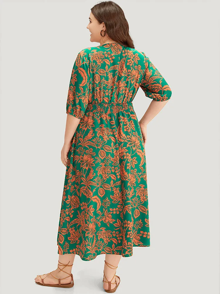 Plants Print Overlap Collar Shirred Dress sold by Bloomchic product image thumbnail 2