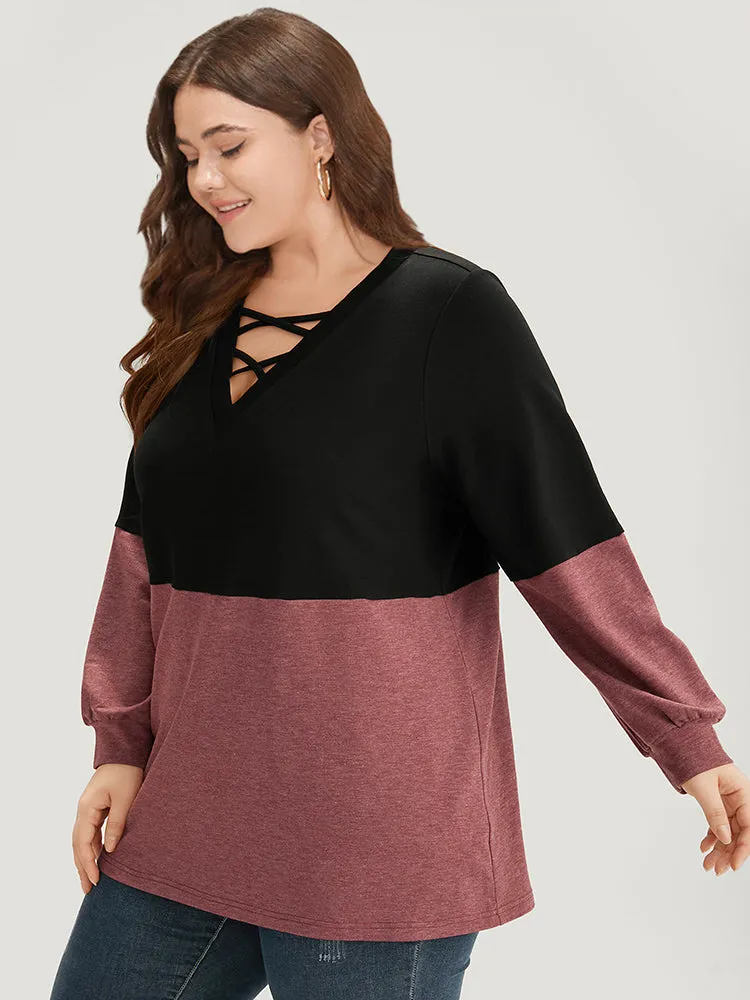 Two Tone Patchwork Elastic Cuffs Crisscross Sweatshirt sold by Bloomchic product image thumbnail 3