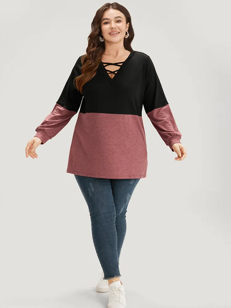 Two Tone Patchwork Elastic Cuffs Crisscross Sweatshirt sold by Bloomchic product image thumbnail 4