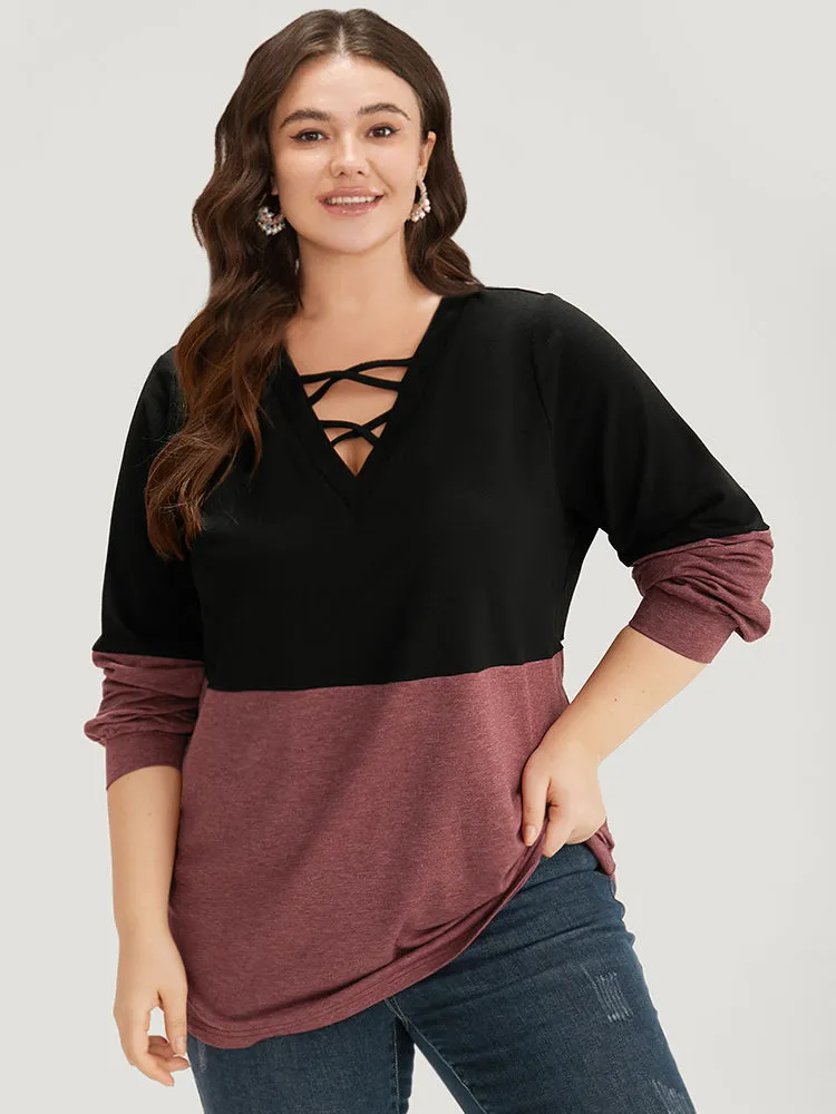 Two Tone Patchwork Elastic Cuffs Crisscross Sweatshirt sold by Bloomchic product image thumbnail 5