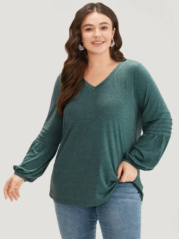 Plain V Neck Gathered Elastic Waist Pleated T-shirt sold by Bloomchic