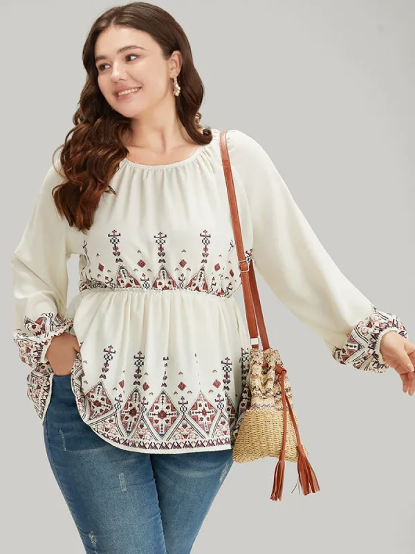 Boho Print Crew Neck Gathered Elastic Waist Blouse sold by Bloomchic