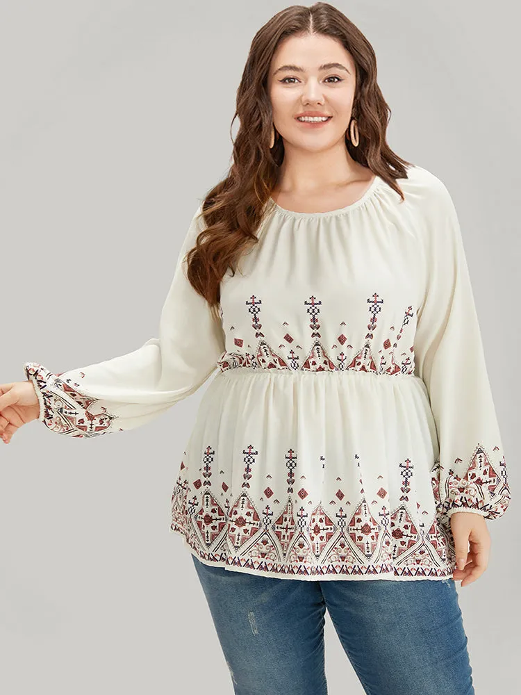 Boho Print Crew Neck Gathered Elastic Waist Blouse sold by Bloomchic product image thumbnail 5