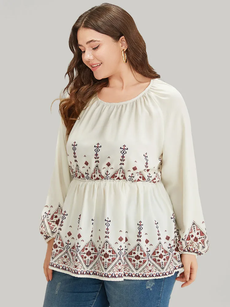 Boho Print Crew Neck Gathered Elastic Waist Blouse sold by Bloomchic product image thumbnail 2