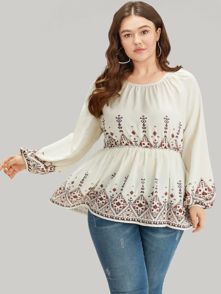 Boho Print Crew Neck Gathered Elastic Waist Blouse sold by Bloomchic product image thumbnail 3