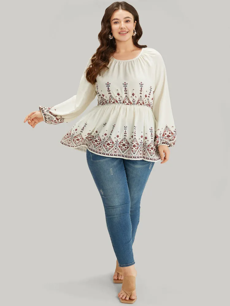 Boho Print Crew Neck Gathered Elastic Waist Blouse sold by Bloomchic product image thumbnail 4