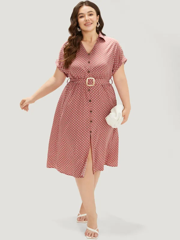 Polka Dot Metal Buckle Belt Button Detail Dress sold by Bloomchic