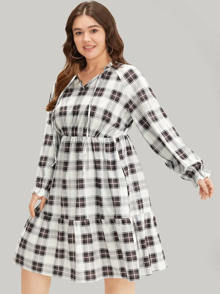 Plaid Ties Ruffle Trim Layered Raglan Sleeve Dress sold by Bloomchic product image thumbnail 3