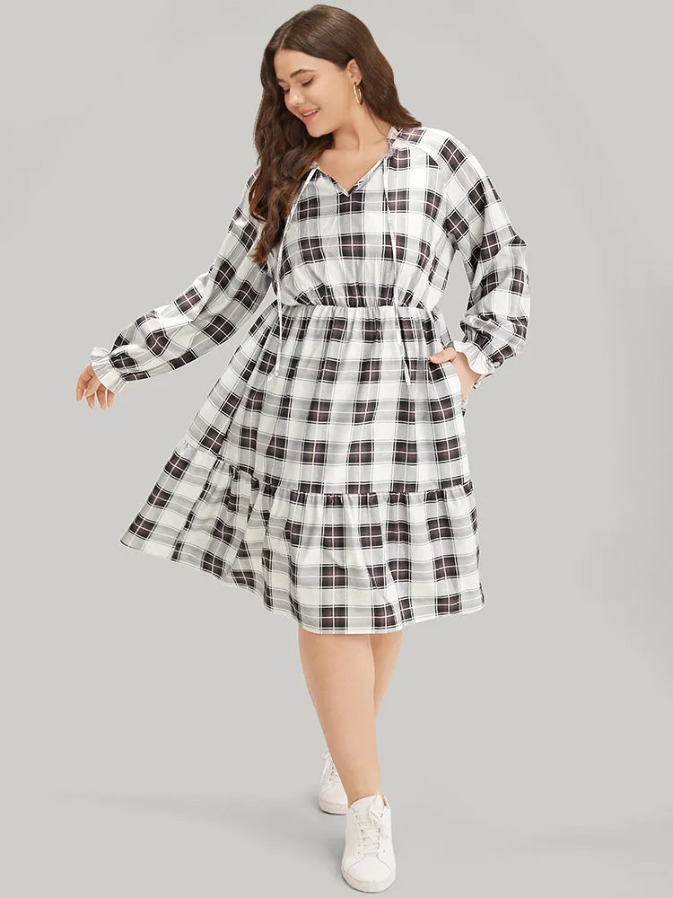 Plaid Ties Ruffle Trim Layered Raglan Sleeve Dress sold by Bloomchic product image thumbnail 4