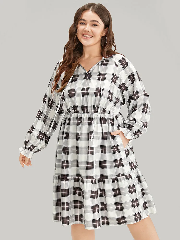 Plaid Ties Ruffle Trim Layered Raglan Sleeve Dress sold by Bloomchic