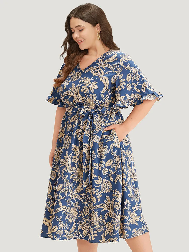 Silhouette Floral Print Belted Flutter Trim Dress sold by Bloomchic product image thumbnail 3