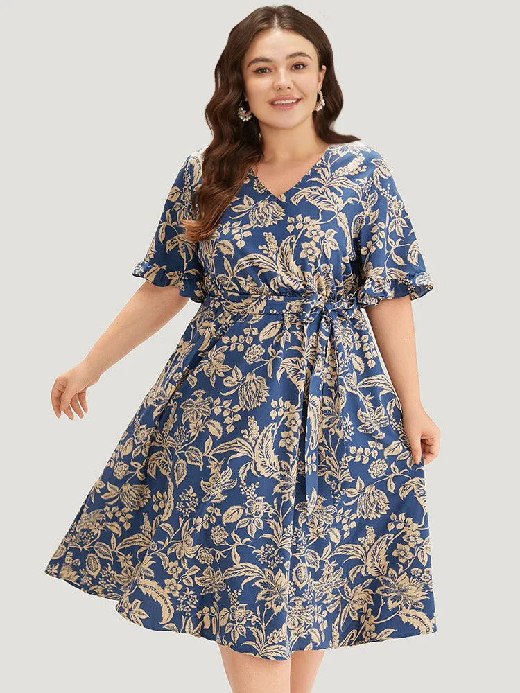 Silhouette Floral Print Belted Flutter Trim Dress sold by Bloomchic