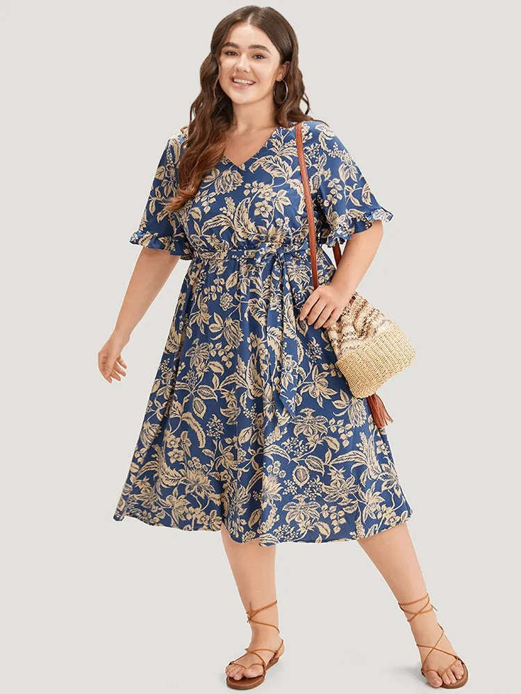 Silhouette Floral Print Belted Flutter Trim Dress sold by Bloomchic product image thumbnail 4