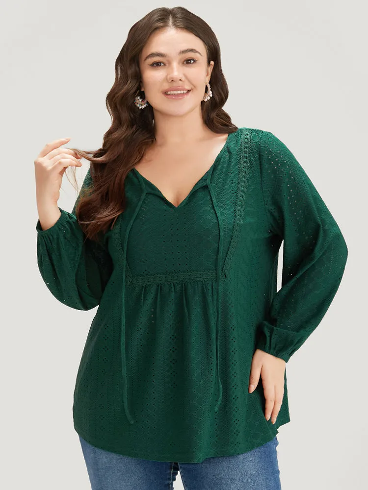 Plain Broderie Anglaise Knot Neck Lantern Sleeve T-shirt sold by Bloomchic