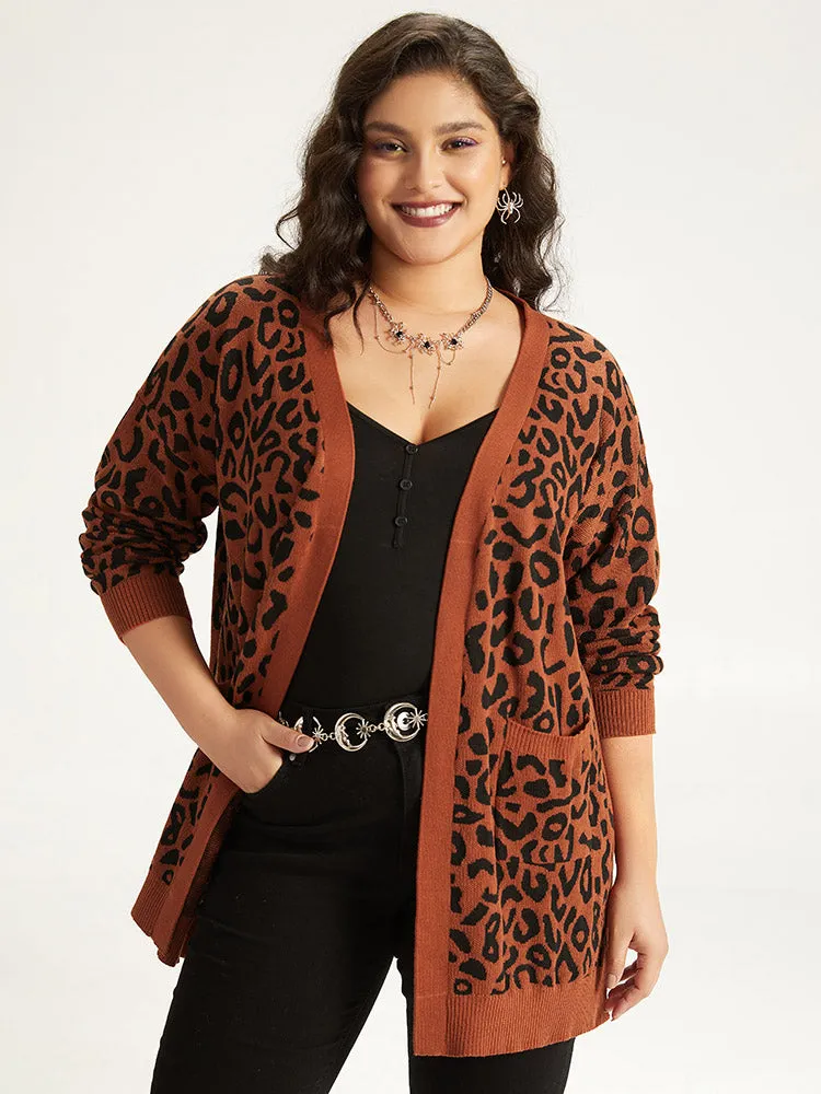 Halloween Leopard Print Patched Pocket Split Side Cardigan sold by Bloomchic