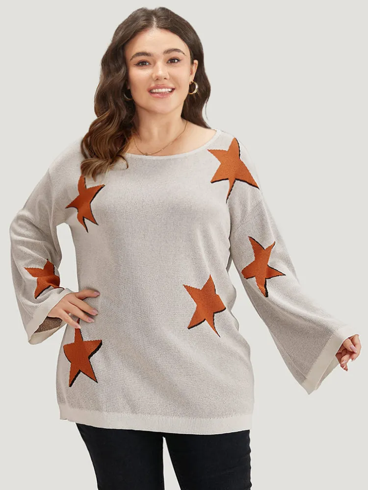 Stars Crew Neck Drop Shoulder Bell Sleeve Pullover sold by Bloomchic