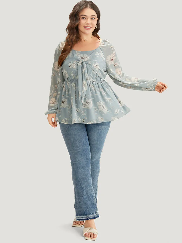 Silhouette Floral Print Twist Front Gathered Lantern Sleeve Blouse sold by Bloomchic product image thumbnail 4