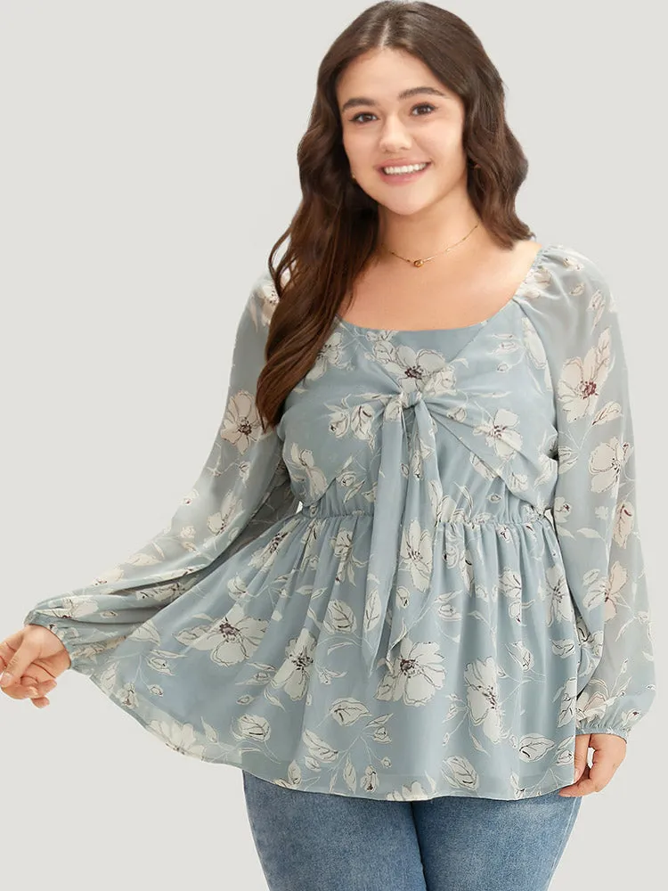 Silhouette Floral Print Twist Front Gathered Lantern Sleeve Blouse sold by Bloomchic