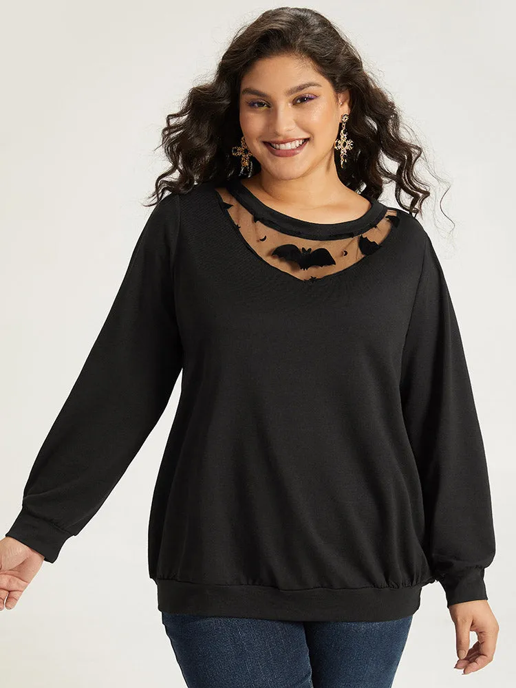 Halloween Bat Print Mesh Patchwork Sweatshirt sold by Bloomchic