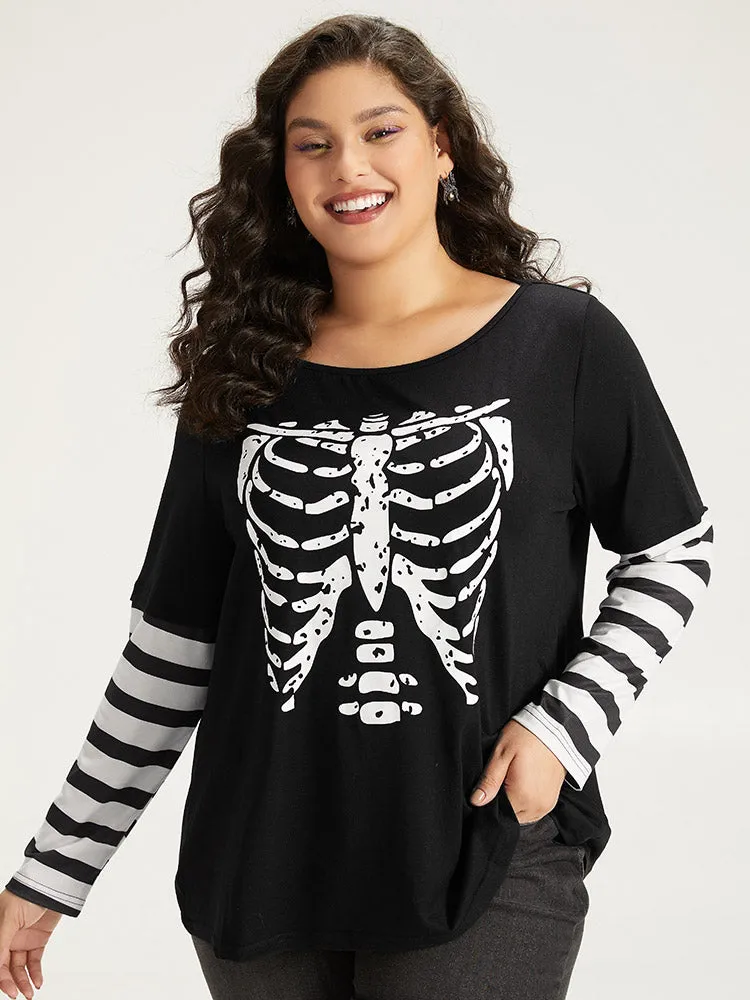 Halloween Striped & Skull Print Patchwork T-shirt sold by Bloomchic product image thumbnail 2