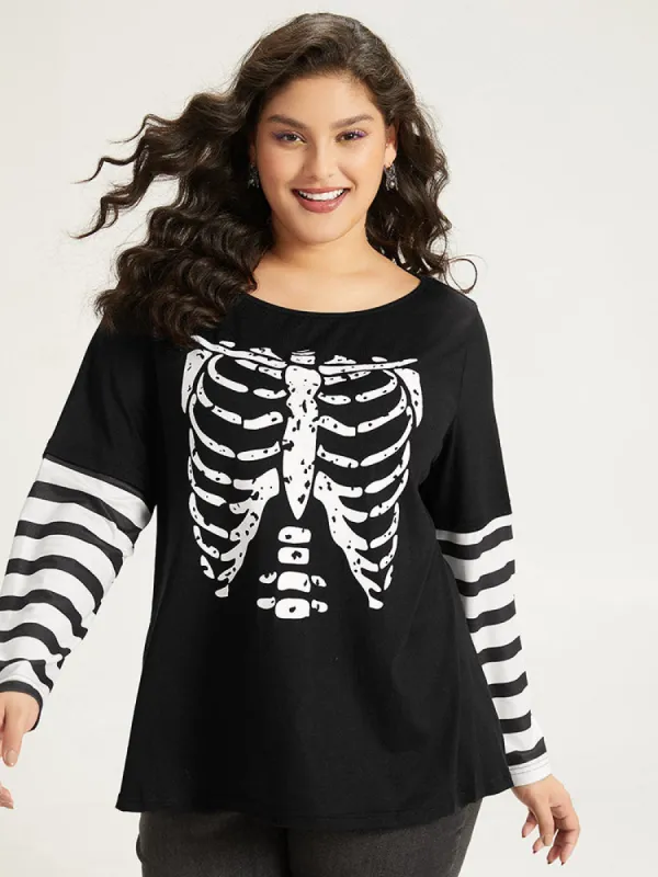Halloween Striped & Skull Print Patchwork T-shirt sold by Bloomchic