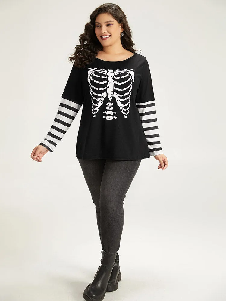 Halloween Striped & Skull Print Patchwork T-shirt sold by Bloomchic product image thumbnail 4