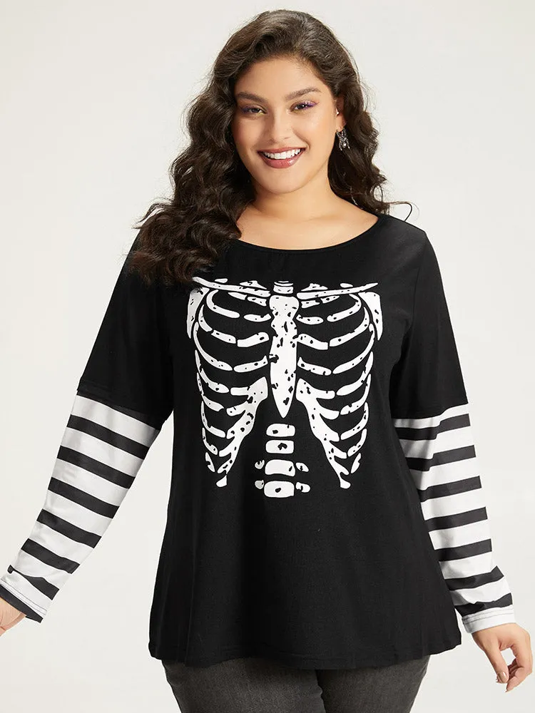 Halloween Striped & Skull Print Patchwork T-shirt sold by Bloomchic product image thumbnail 3