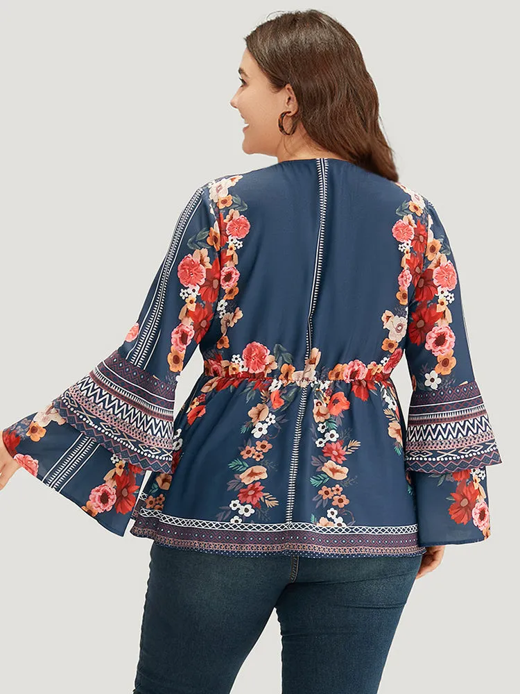 Boho Print V Neck Elastic Waist Bell Sleeve Blouse sold by Bloomchic product image thumbnail 5