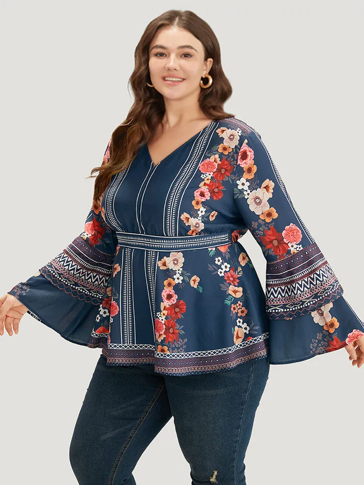 Boho Print V Neck Elastic Waist Bell Sleeve Blouse sold by Bloomchic product image thumbnail 2