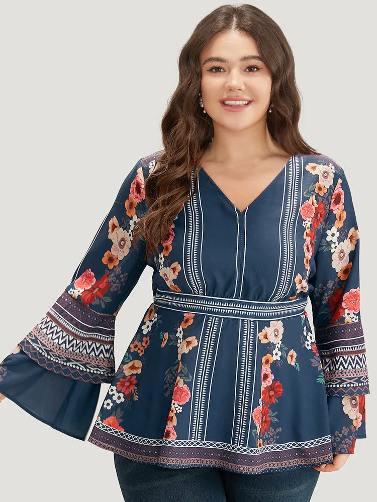 Boho Print V Neck Elastic Waist Bell Sleeve Blouse sold by Bloomchic product image thumbnail 3