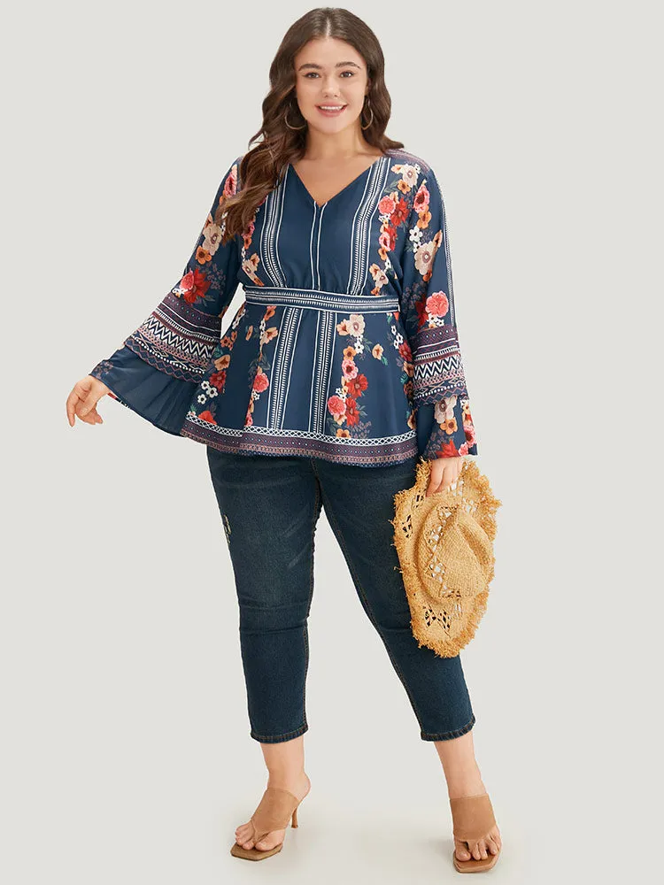 Boho Print V Neck Elastic Waist Bell Sleeve Blouse sold by Bloomchic product image thumbnail 4