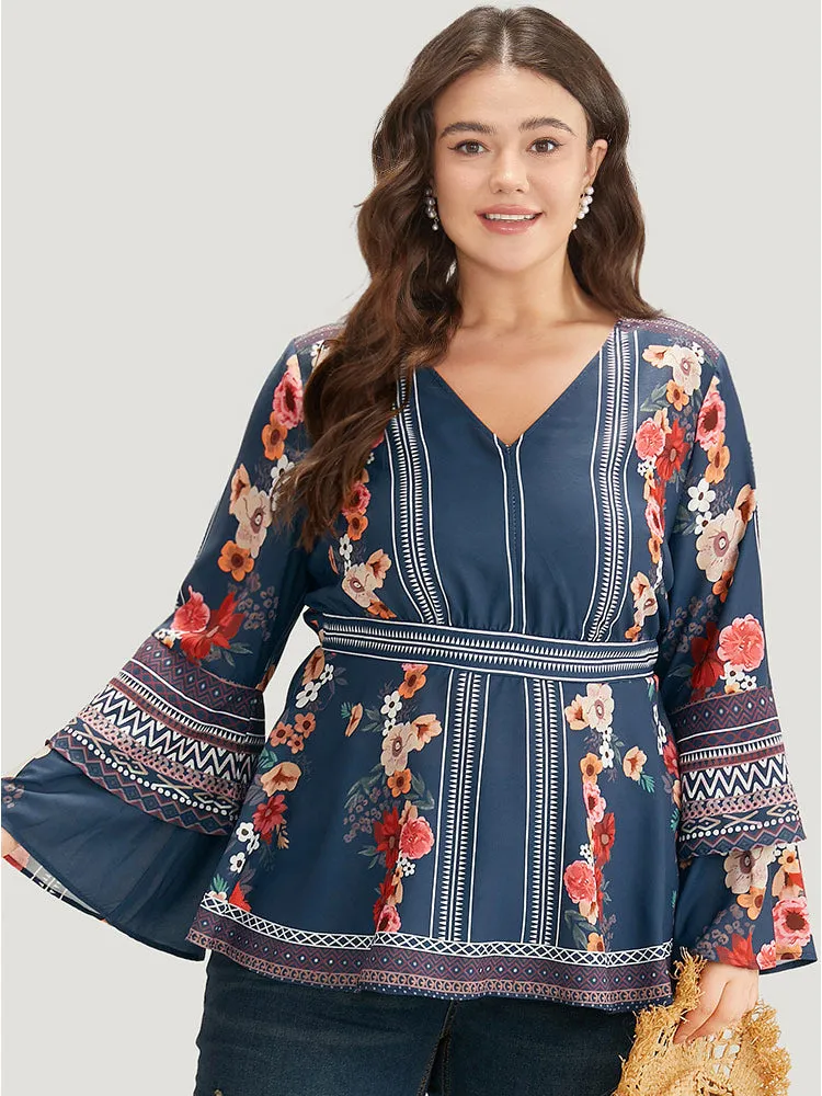 Boho Print V Neck Elastic Waist Bell Sleeve Blouse sold by Bloomchic