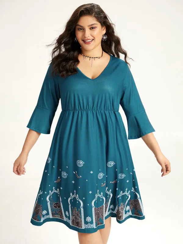 Halloween Graphic Pocket Ruffle Trim Gathered Dress sold by Bloomchic