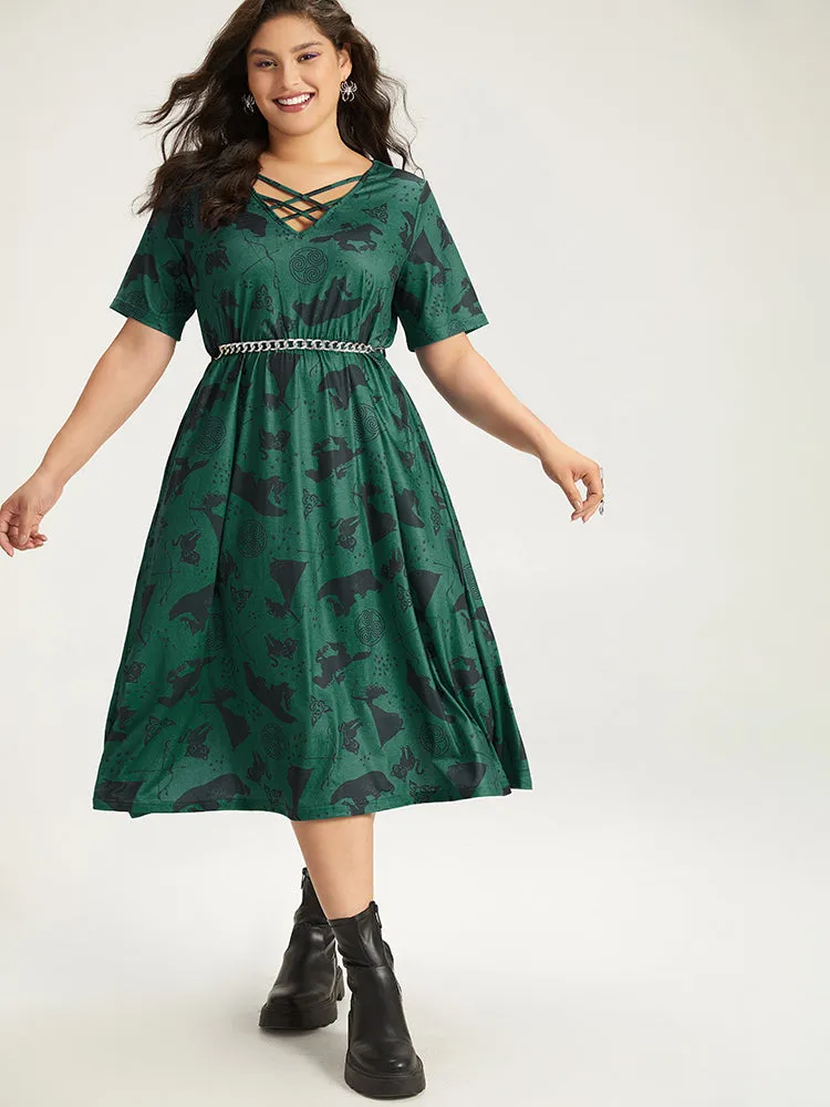 Halloween Graphic Crisscross Neck Pocket Flutter Dress sold by Bloomchic product image thumbnail 4