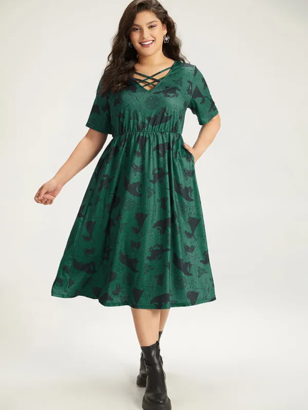 Halloween Graphic Crisscross Neck Pocket Flutter Dress sold by Bloomchic