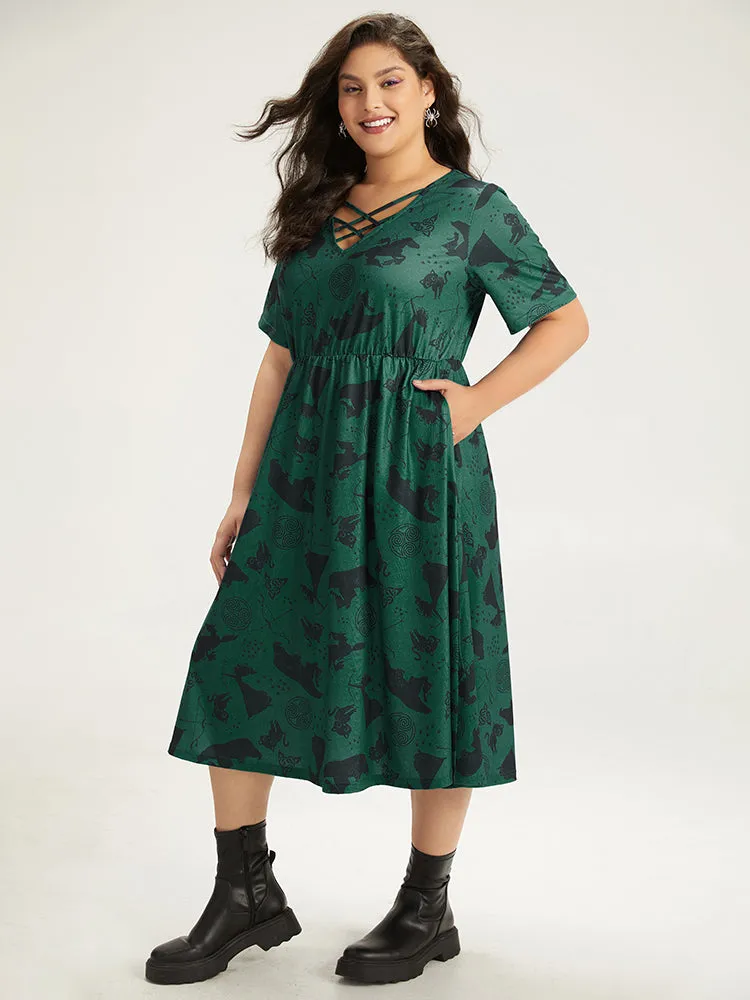 Halloween Graphic Crisscross Neck Pocket Flutter Dress sold by Bloomchic product image thumbnail 5