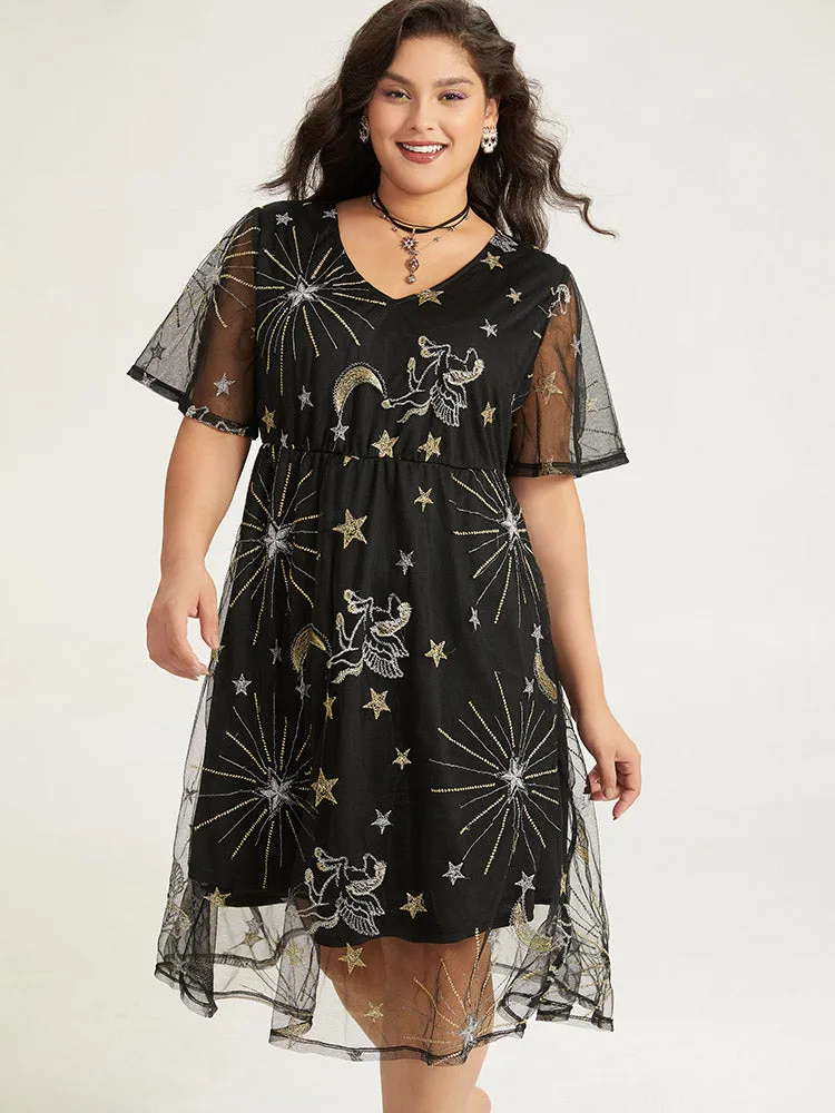 Halloween Moon & Star Print Pocket Mesh Patchwork Dress sold by Bloomchic product image thumbnail 5