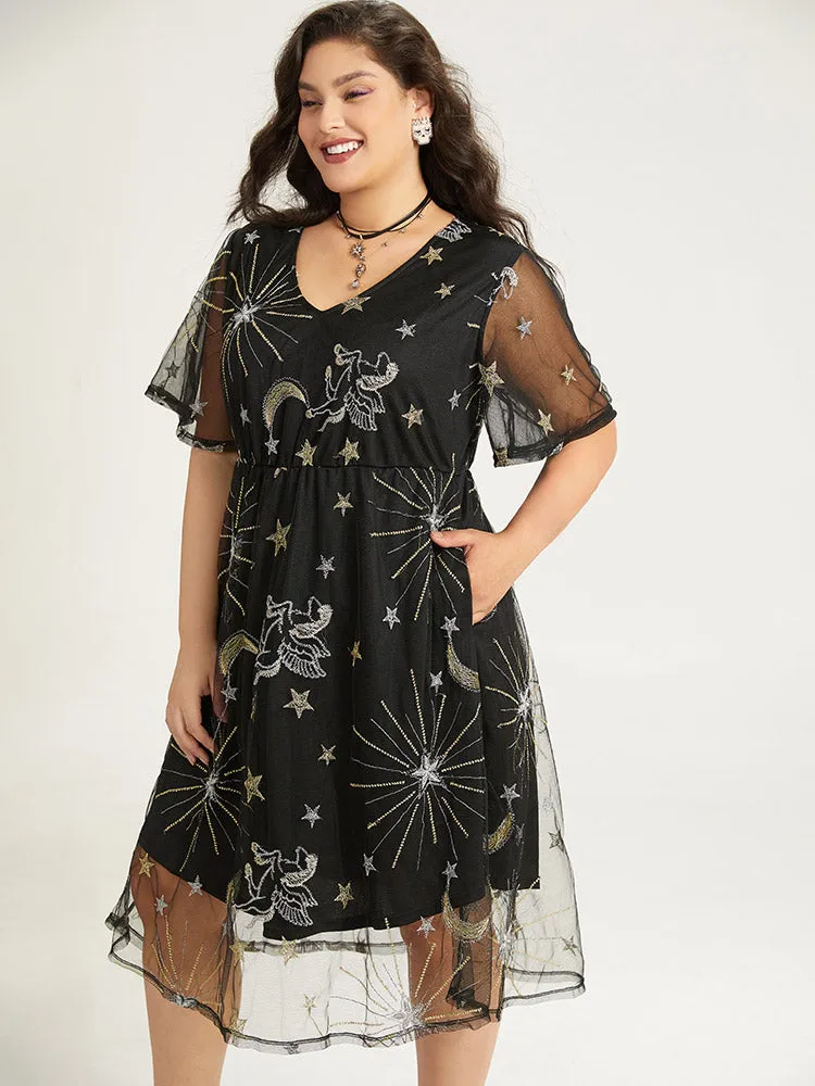 Halloween Moon & Star Print Pocket Mesh Patchwork Dress sold by Bloomchic product image thumbnail 2