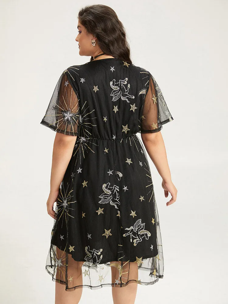 Halloween Moon & Star Print Pocket Mesh Patchwork Dress sold by Bloomchic product image thumbnail 3