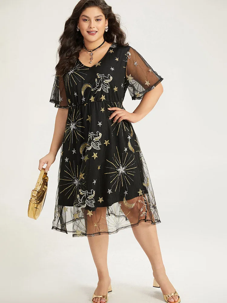 Halloween Moon & Star Print Pocket Mesh Patchwork Dress sold by Bloomchic product image thumbnail 4