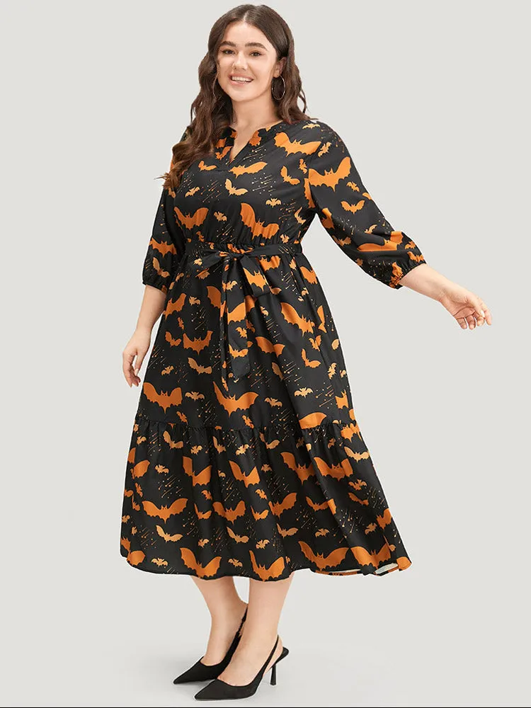 Halloween Bat Print Notched Belted Pocket Dress sold by Bloomchic product image thumbnail 3
