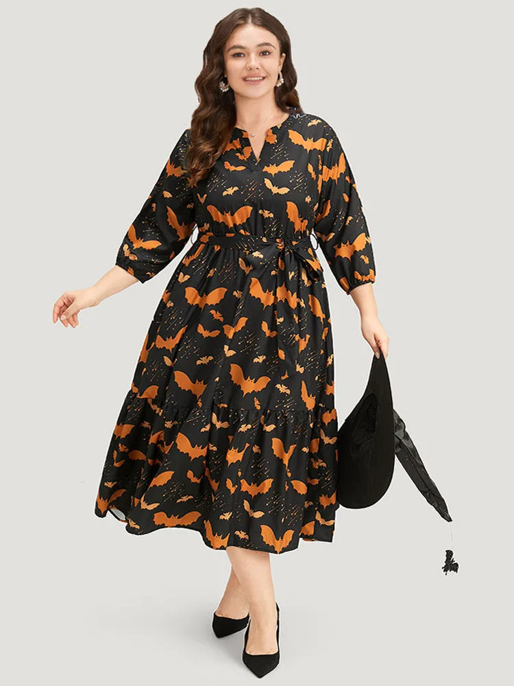 Halloween Bat Print Notched Belted Pocket Dress sold by Bloomchic product image thumbnail 4