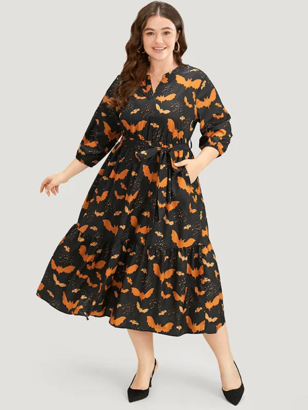 Halloween Bat Print Notched Belted Pocket Dress sold by Bloomchic