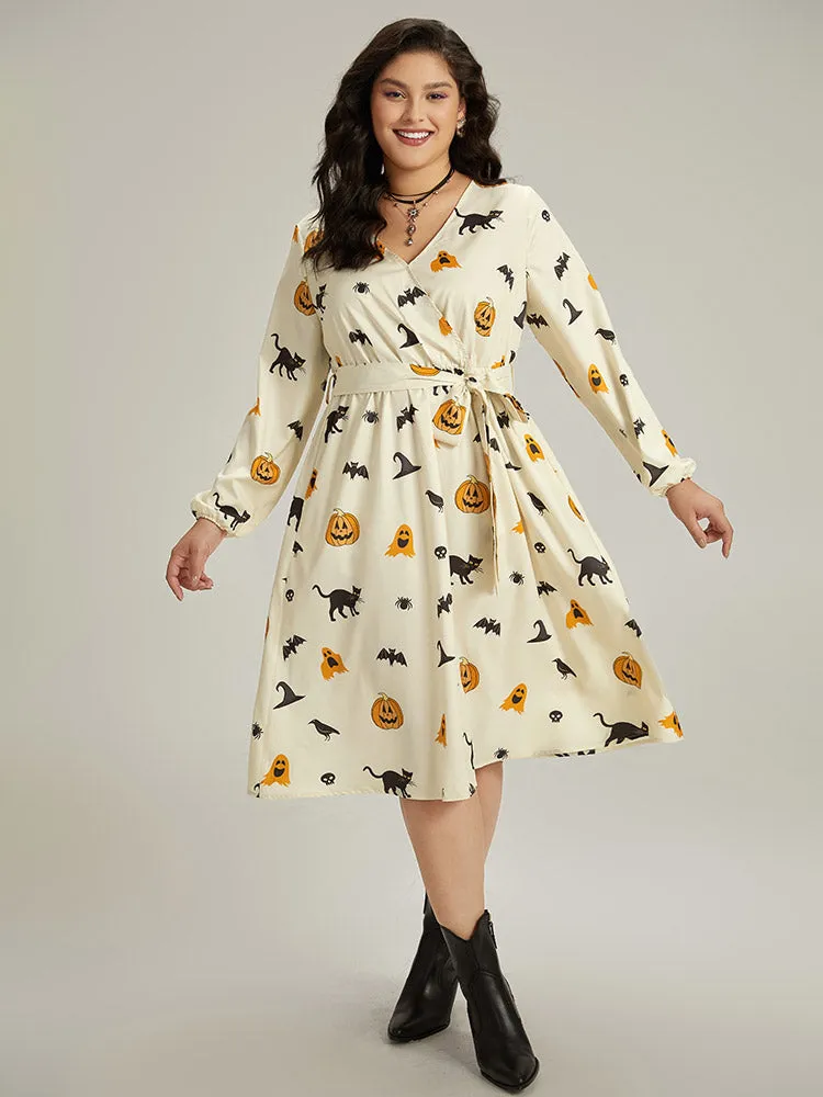 Halloween Pumpkin & Bat Print Wrap Lantern Sleeve Dress sold by Bloomchic product image thumbnail 2