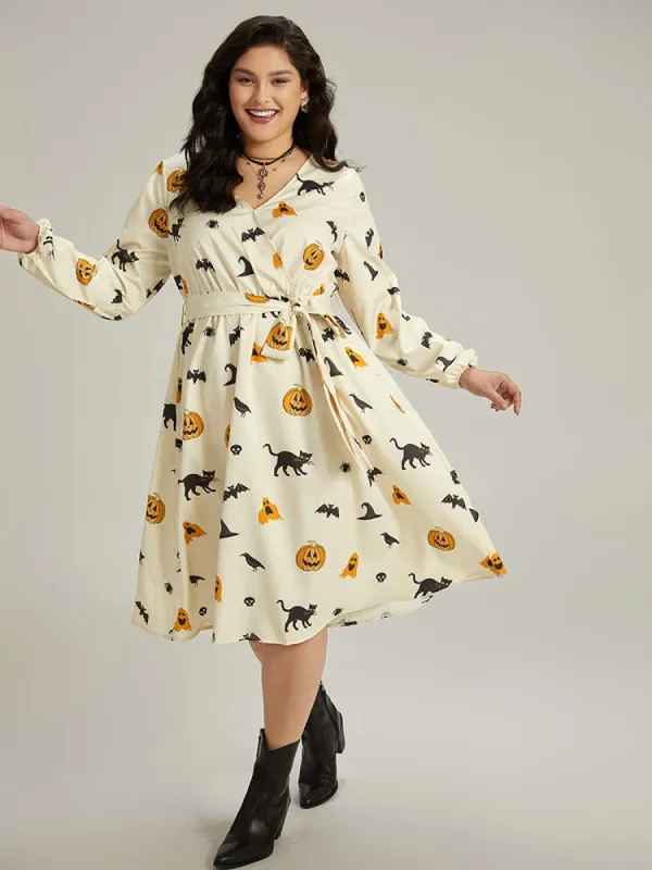 Halloween Pumpkin & Bat Print Wrap Lantern Sleeve Dress sold by Bloomchic