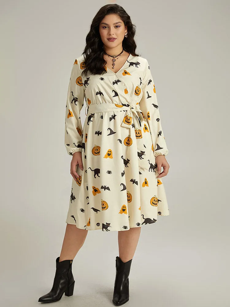 Halloween Pumpkin & Bat Print Wrap Lantern Sleeve Dress sold by Bloomchic product image thumbnail 3