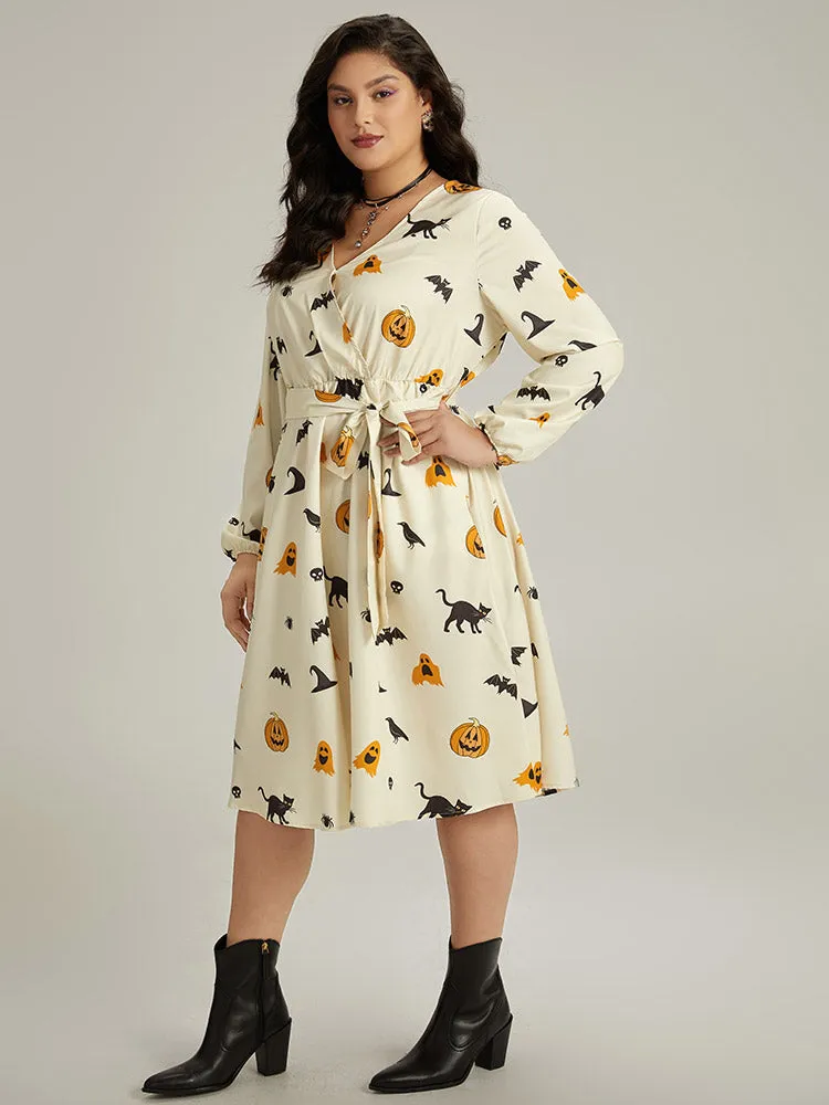 Halloween Pumpkin & Bat Print Wrap Lantern Sleeve Dress sold by Bloomchic product image thumbnail 5