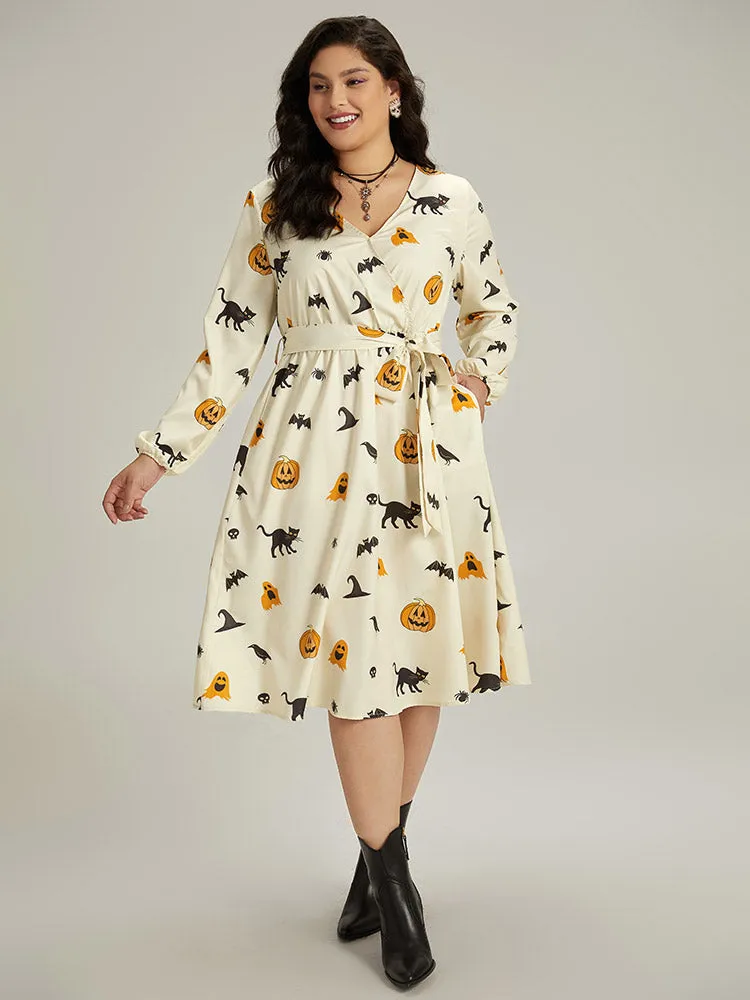 Halloween Pumpkin & Bat Print Wrap Lantern Sleeve Dress sold by Bloomchic product image thumbnail 4