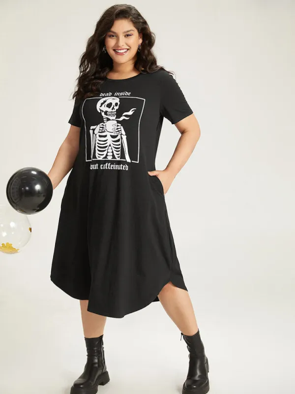 Halloween Skull Print Pocket Arc Hem Dress sold by Bloomchic