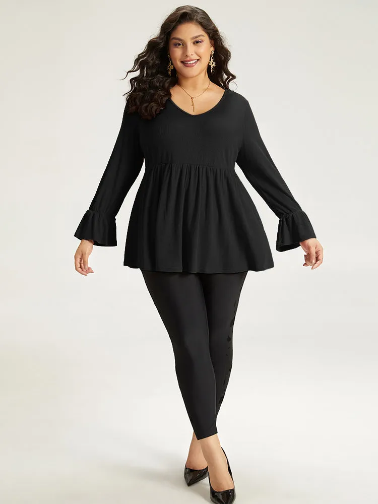 Halloween Plain V Neck Gathered Ruffle Sleeve T-shirt sold by Bloomchic product image thumbnail 5